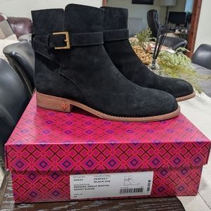 Tory Burch Brooke Black Suede Block Heel Ankle Boots Booties Shoes Low Flat